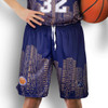 Custom men's basketball shorts featuring a navy design with a city skyline pattern and a logo.
