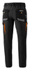 Black trousers with orange accents, featuring multiple pockets and a logo on the waistband.