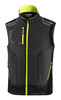 A grey and black light vest featuring bright yellow accents and a front zip, with a logo on the chest.