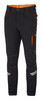 Lightweight black trousers with orange accents, featuring multiple pockets and reflective details. Includes a branding logo.