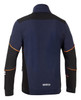 A navy and black full zip tech jacket featuring orange accents and a logo on the back.