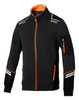 A full zip tech jacket in black with orange and reflective detailing, featuring a zip pocket on the sleeve and branding.