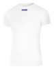 A white short-sleeved T-shirt featuring a logo on the front. The shirt has a fitted design.