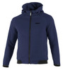 A full zip hooded jacket in navy blue with a zipped front and a logo. It features side pockets and a fitted design.
