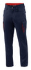 Navy trousers with red accents and multiple pockets. The design features a branded logo on the garment.