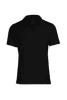 A black polo shirt for women featuring a classic collar and short sleeves, with a logo on the garment.