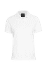 A white women's polo shirt with a collar and three buttons, featuring a logo on the label.