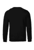 A black sweatshirt with long sleeves and a crew neck, featuring a logo on the back.