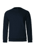 A navy sweatshirt with long sleeves and a round neckline, featuring a logo at the hem.