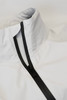 A white jacket with a high collar and a black zipper. Features a minimalistic design and has a logo.