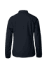 A women's jacket in navy blue, featuring a simple design with long sleeves and a collar. It has a logo on the back.