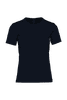 A women's short-sleeve T-shirt in navy blue, featuring a simple design and a logo on the tag.