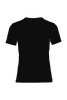A black women's t-shirt, featuring a classic crew neckline and short sleeves, with a logo present.