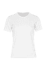 A white women's t-shirt featuring short sleeves and a round neckline. The shirt has a branding logo.