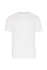 A plain white T-shirt with short sleeves. The shirt features a logo on the front.