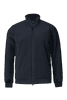 A navy blue hybrid jacket featuring a zip front and a stand-up collar, with a logo on the chest.