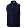 A navy blue padded vest with a zip front and two side pockets, featuring a logo on the shoulder.