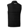 A black sleeveless vest with a quilted design and a logo on the back.