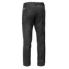 Black trousers with a fitted design and multiple pockets, featuring a logo on the waistband.