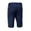 Navy blue Bermuda shorts with multiple pockets and a branded logo on the back.
