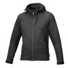 A black softshell jacket with a hood and zippered front, featuring multiple pockets and a logo.