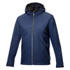 A navy windbreaker jacket with a hood, featuring a zip closure and side pockets, includes branding.