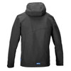 A black windbreaker jacket with a hood, featuring a simple design and a logo on the bottom left.