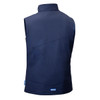 A navy padded vest with a high collar and no sleeves, featuring a logo at the bottom.