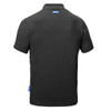 A black polo shirt with a collar, featuring a logo on the back and a tag on the side.