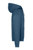 An oversized unisex hoody in a deep blue colour, featuring a hood and a front pocket, with a logo on the chest.