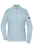 A light blue zip jacket with a high collar and zippered pockets, featuring a branding logo on the sleeve.