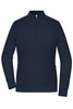A navy interlock zip jacket featuring a stand collar and side pockets, with a logo on the sleeve.