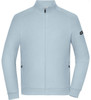 A light blue zip jacket with a high collar and front pockets, featuring a logo on the sleeve.