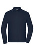 A navy zip jacket with a high collar and zippered pockets, featuring a small logo on the sleeve.