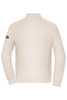 A beige men's zip jacket featuring a high collar and a logo on the left sleeve, shown from the back.