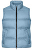 A light blue puffer vest with a high collar and zip closure, featuring front pockets and a branding logo.