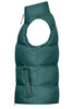 A green padded vest with a high collar and side pocket, featuring a logo.