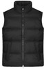 A black puffer vest with a high collar, featuring a front zip and two pockets. It has a logo on the side.
