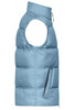 A light blue men's winter vest with a sleeveless design and side pocket, featuring a logo on the chest.