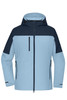 A light blue and navy jacket with a hood, featuring zippered pockets and a logo.