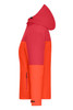 A women's 3-in-1 jacket in vibrant shades of red and orange. The jacket features a hood and has a logo.