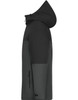 A 3-in-1 men's jacket in black with a hood, featuring a sleek design and multiple textures. It has branding elements.