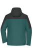 A men's 3-in-1 jacket featuring a teal body and black hood and shoulders, with a logo on the back.