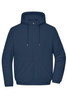 A navy men's bomber jacket with a hood and zip closure, featuring pockets and a sleek design.