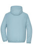 A men's bomber jacket in a light blue colour, featuring a hood and elastic waistband, with a logo on the back.