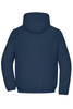 A navy blue men's bomber jacket featuring a hood and a plain back design. The jacket has a logo on it.