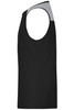 A men's running tank in black with grey accents, featuring a sleeveless design and a logo on the fabric.
