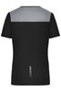 A ladies running T-shirt in black with a grey upper section and a decorative pattern on the back. It features a logo.
