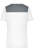 A ladies' running T-shirt featuring a white body with a grey panel on the upper back and a logo.