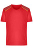 A red men's running T-shirt with contrasting shoulder panels and a logo on one sleeve.